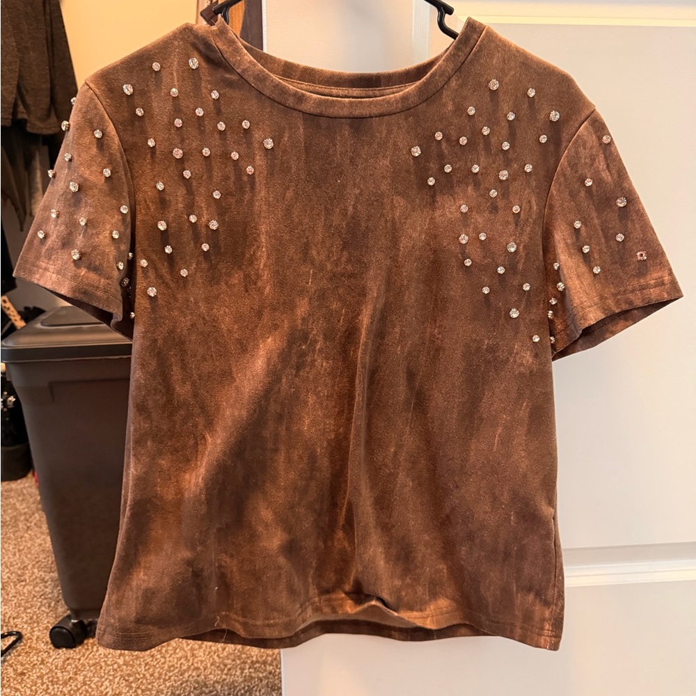 SHEIN Brown Embellished Short Sleeve Top